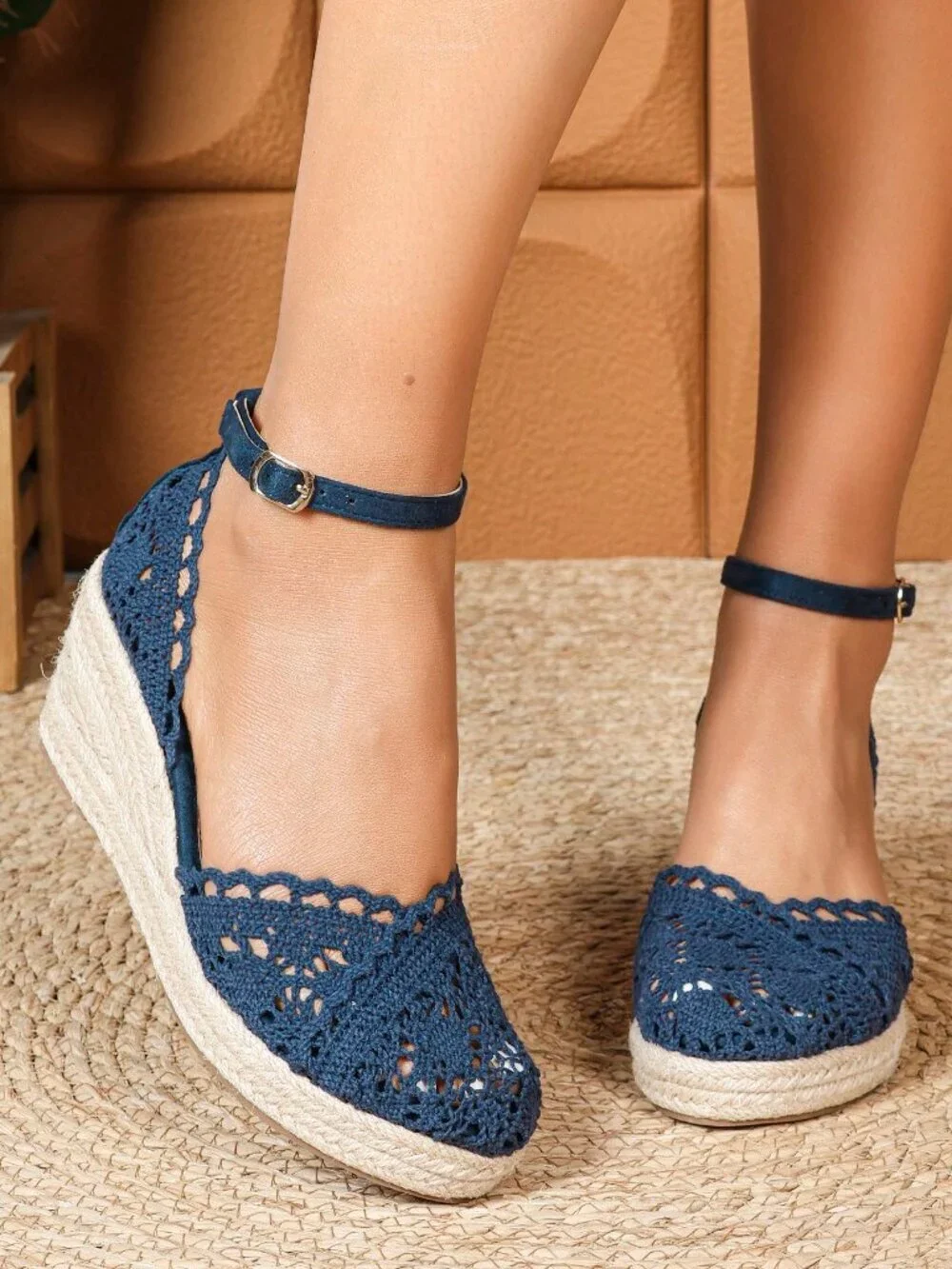 Blue Bohemian Women's Lace Platform Ankle Strap Wedge Heels